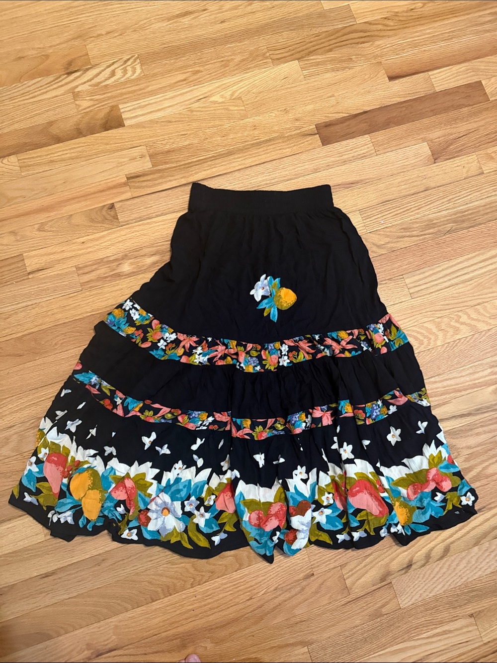 Vintage Carole Little Black Midi/Maxi Skirt with Multicolor Floral Border